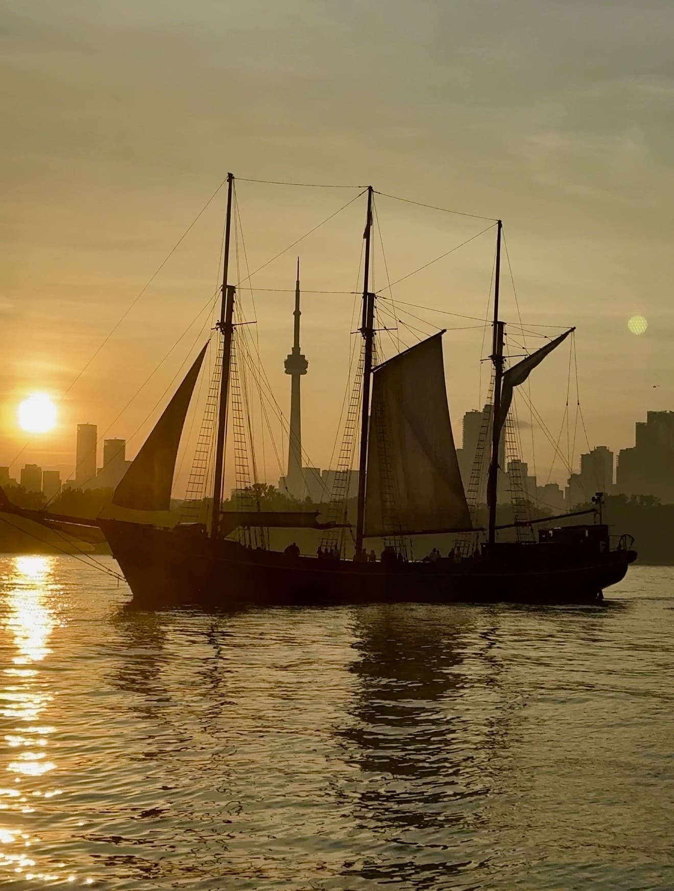 Tall ship sailing past the Toronto skyline at golden hour