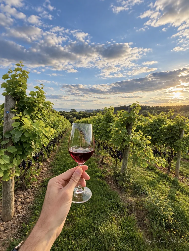 Glass of Nova Scotia red wine held up in an Annapolis Valley vineyard at sunset