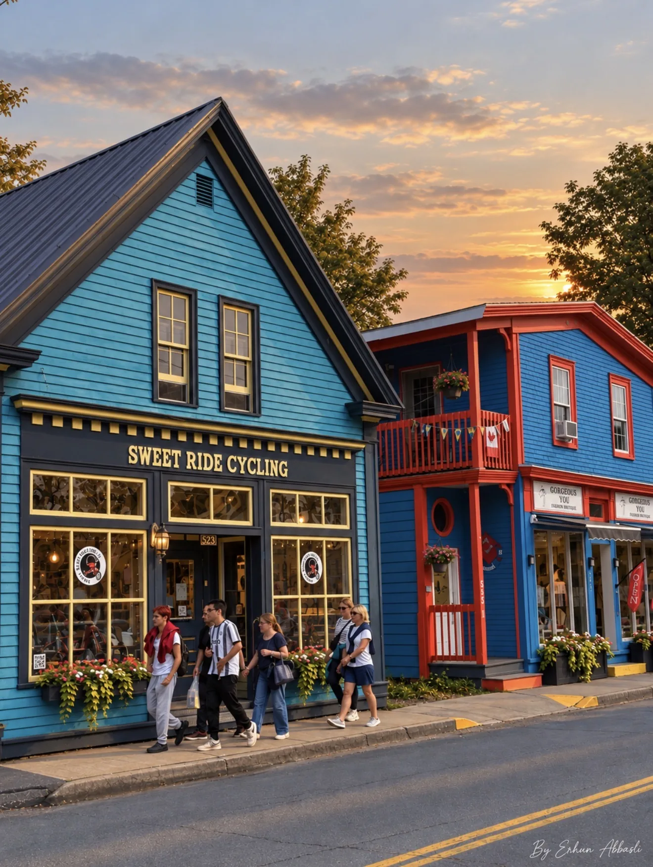 Colourful shopfronts on Main Street in Mahone Bay, Nova Scotia, at sunset